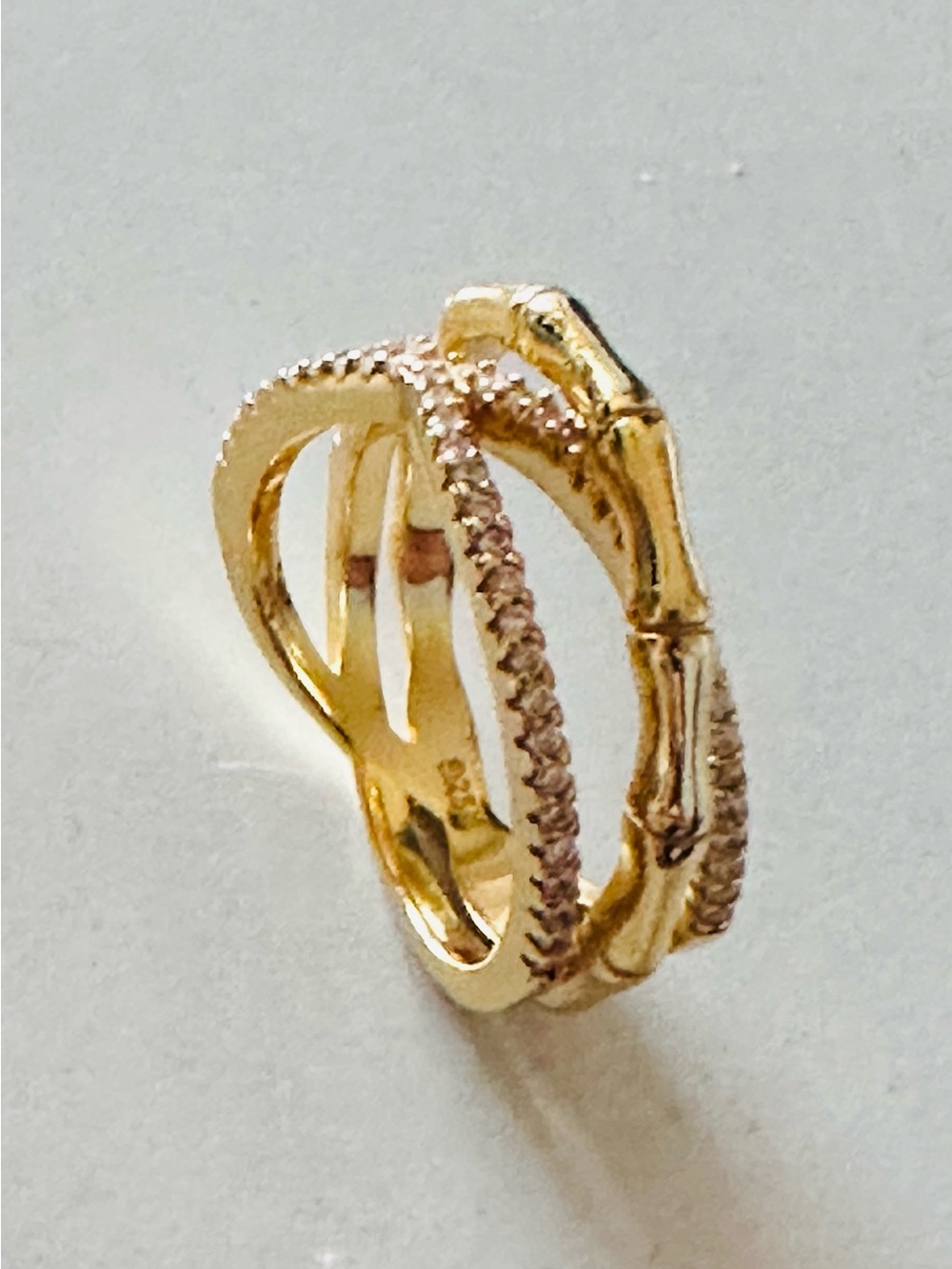Gold Over 925 Bamboo-Inspired Crossover Ring with Pavé Accents
